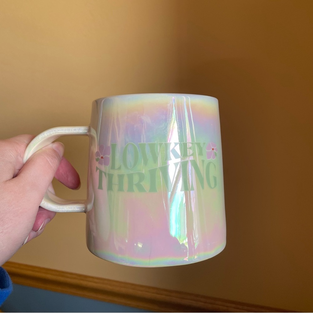 Iridescent Ceramic Mug reading “Lowkey Thriving”